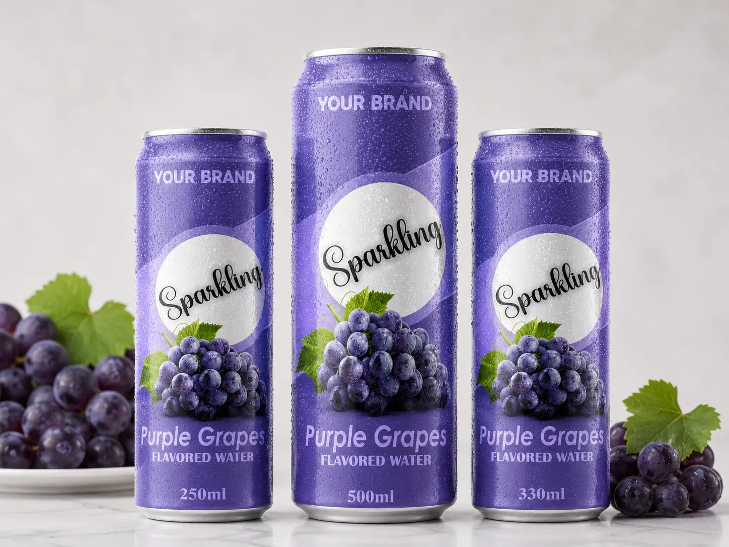 SPARKLING FLAVORED WATER Purple Grapes 250ml, 500ml and 330ml cans with fresh purple grapes.